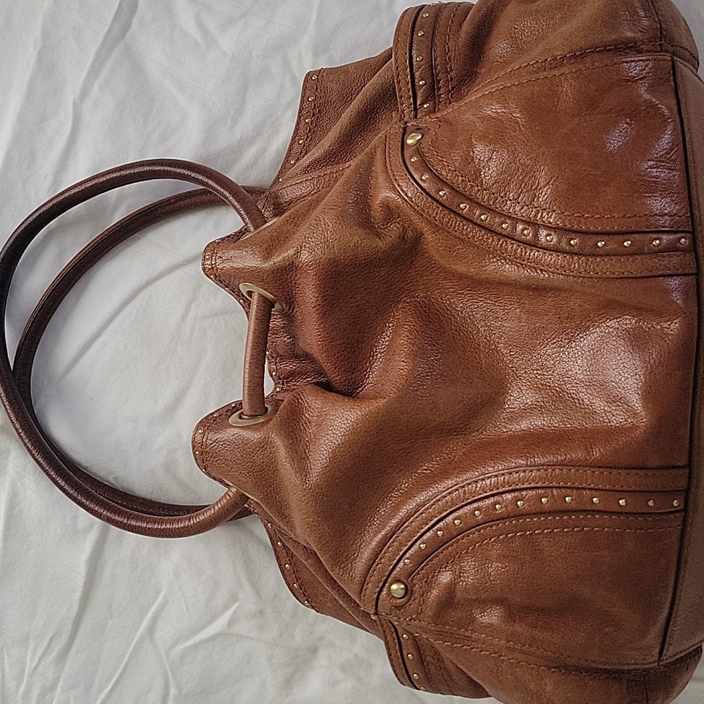 Cole Haan Dillan Ruched Cognac Brown Studded Satchel Bag Y2K Messy Fabulous